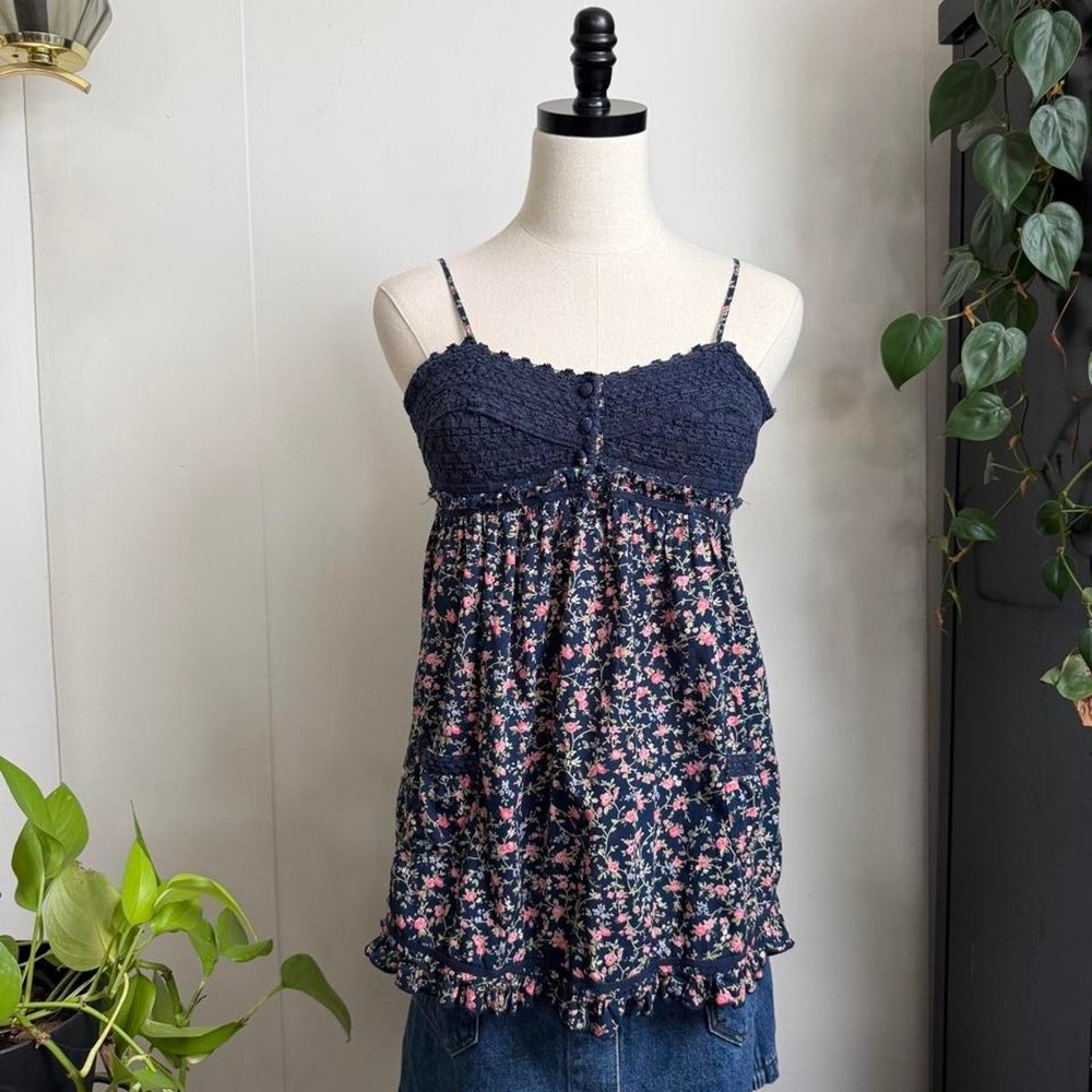 Fire Los Angeles Blue Floral Babydoll Top Crochet Lace Pockets Cottagecore M